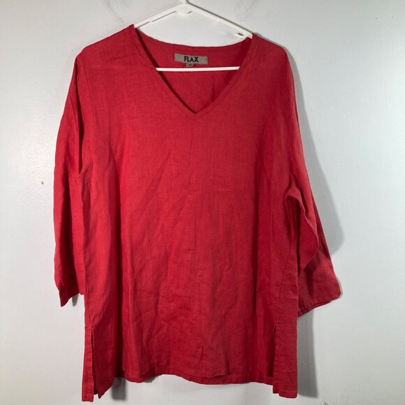Flax Tops - Womens Flax V Neck Linen Tunic Red M 3/4 Sleeve Linen